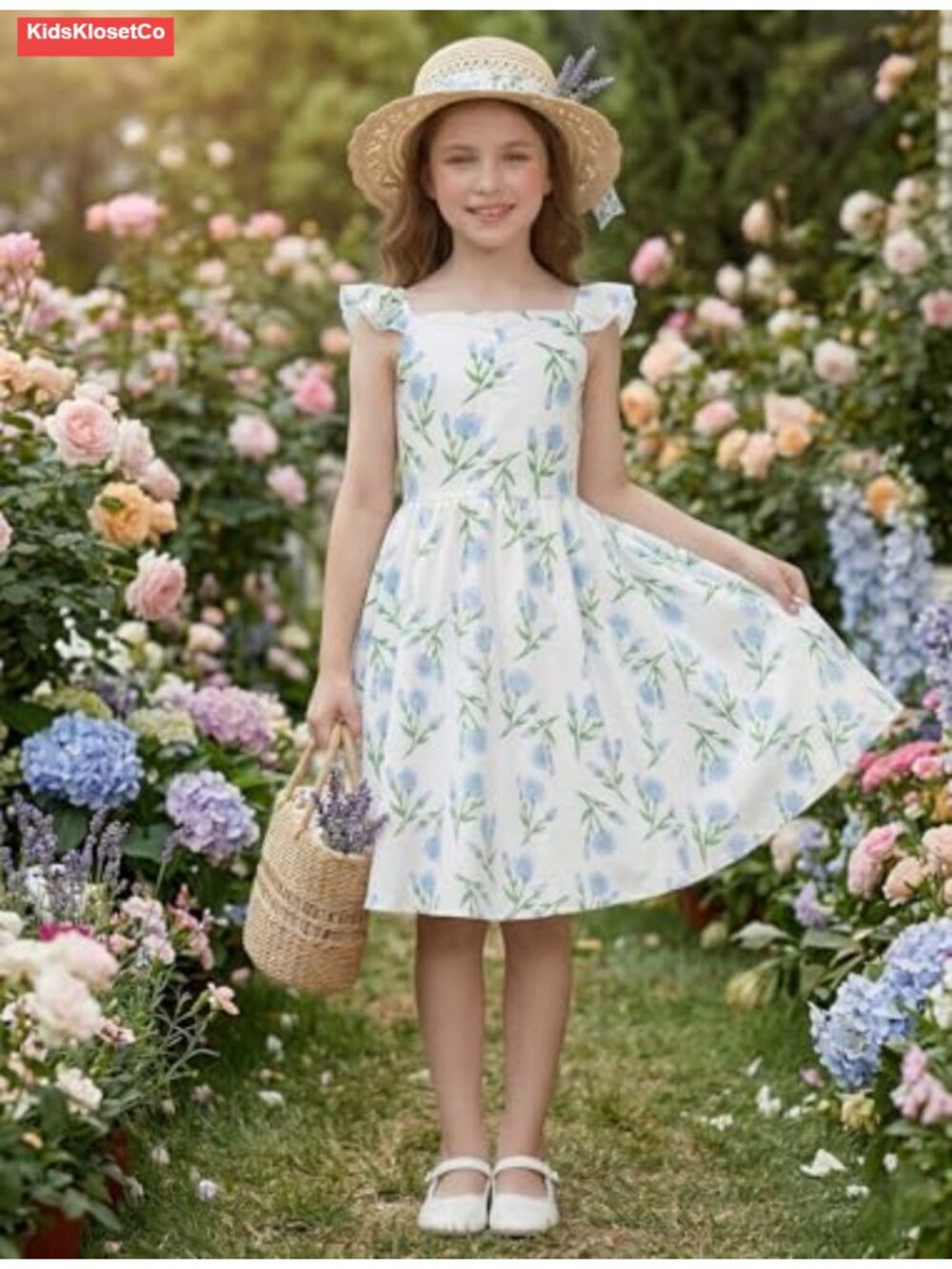 Girls Summer Dress Flutter Sleeve Smocked Back A-Line Twirl Midi Sundress - Picture 2 of 4